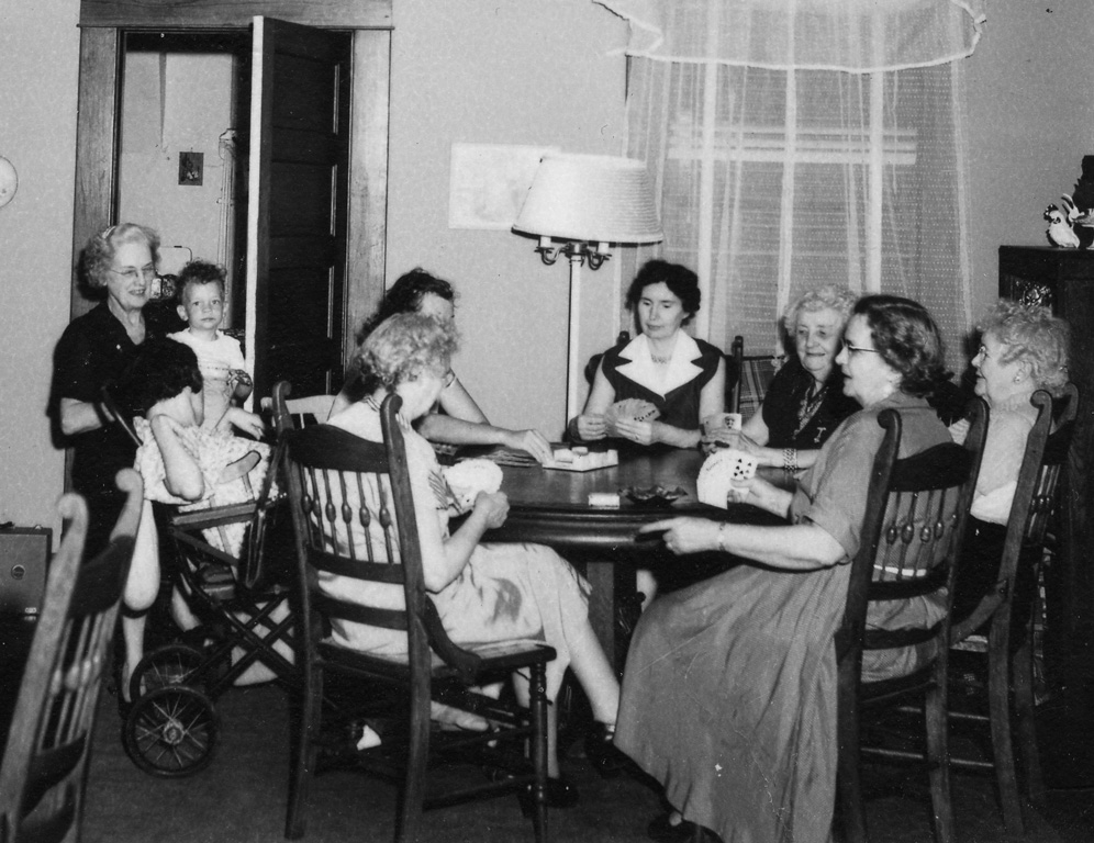 Clockwise starting with Beanie: Opal, Bill, Mom, Grace Curry, Dr. Clara, Lida Gast, Grandma, & Marion Selby (about 1954)