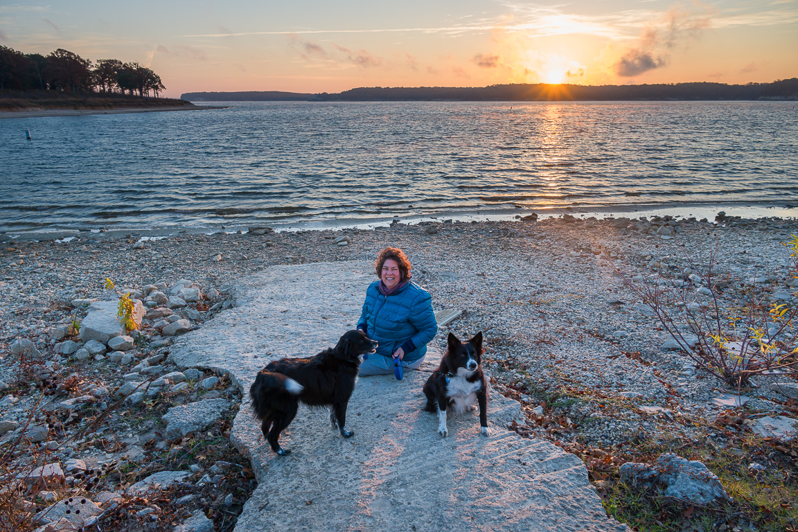 Sherry and her dogs at Lake Texoma